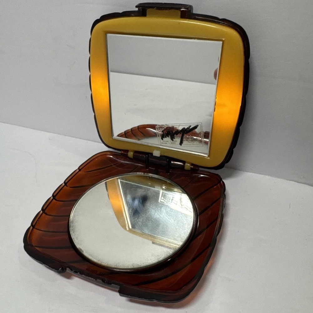 VTG Double Sided Compact Lighted Makeup Mirror Brown Tortoise Plastic 3.5x3.5"